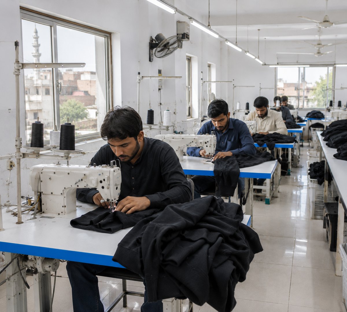 Wide view of the Methodic International garment production floor in Sialkot, Pakistan with multiple sewing stations