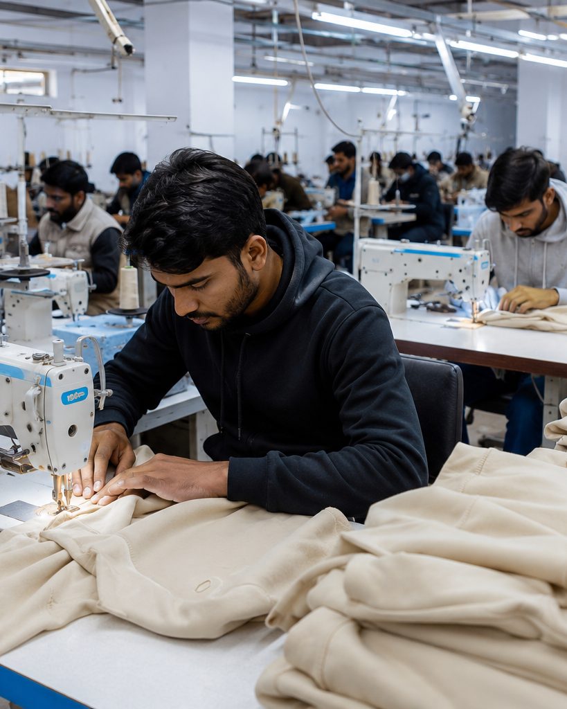 Sewing machine operator stitching a custom hoodie at the Methodic International production floor in Sialkot, Pakistan