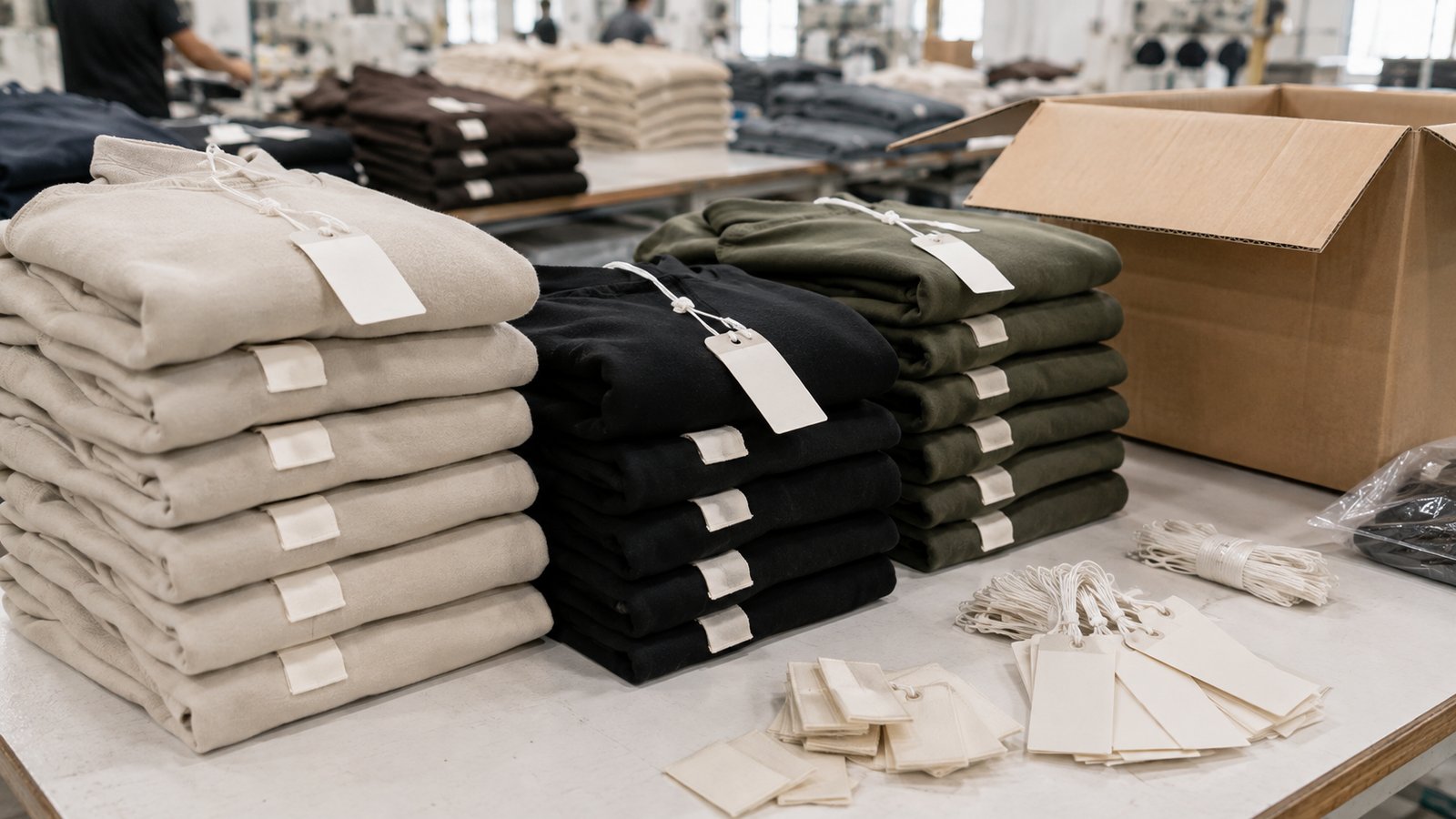 Folded garments with hang tags attached, ready for packaging