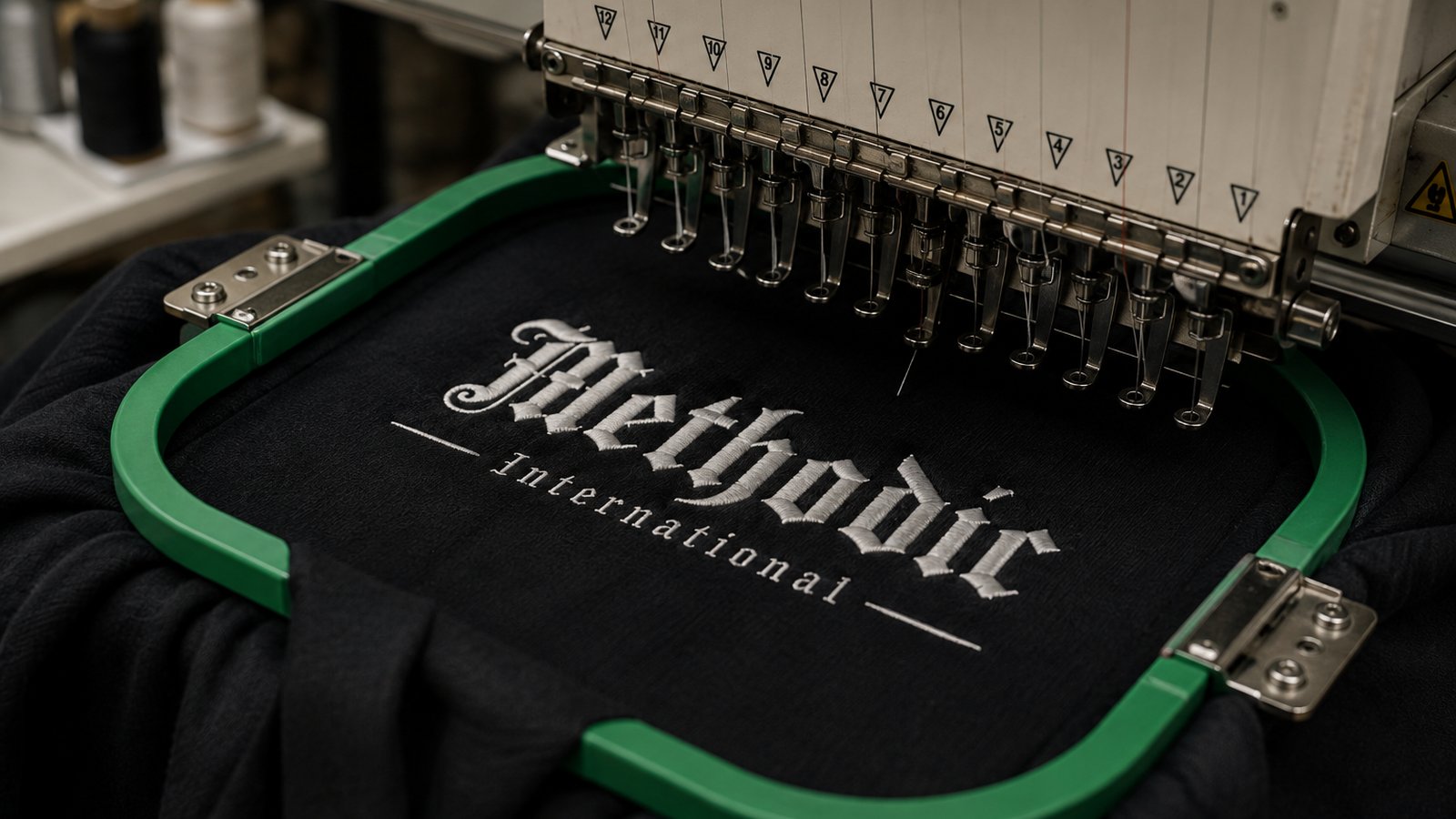 Embroidery machine stitching a custom logo onto a garment