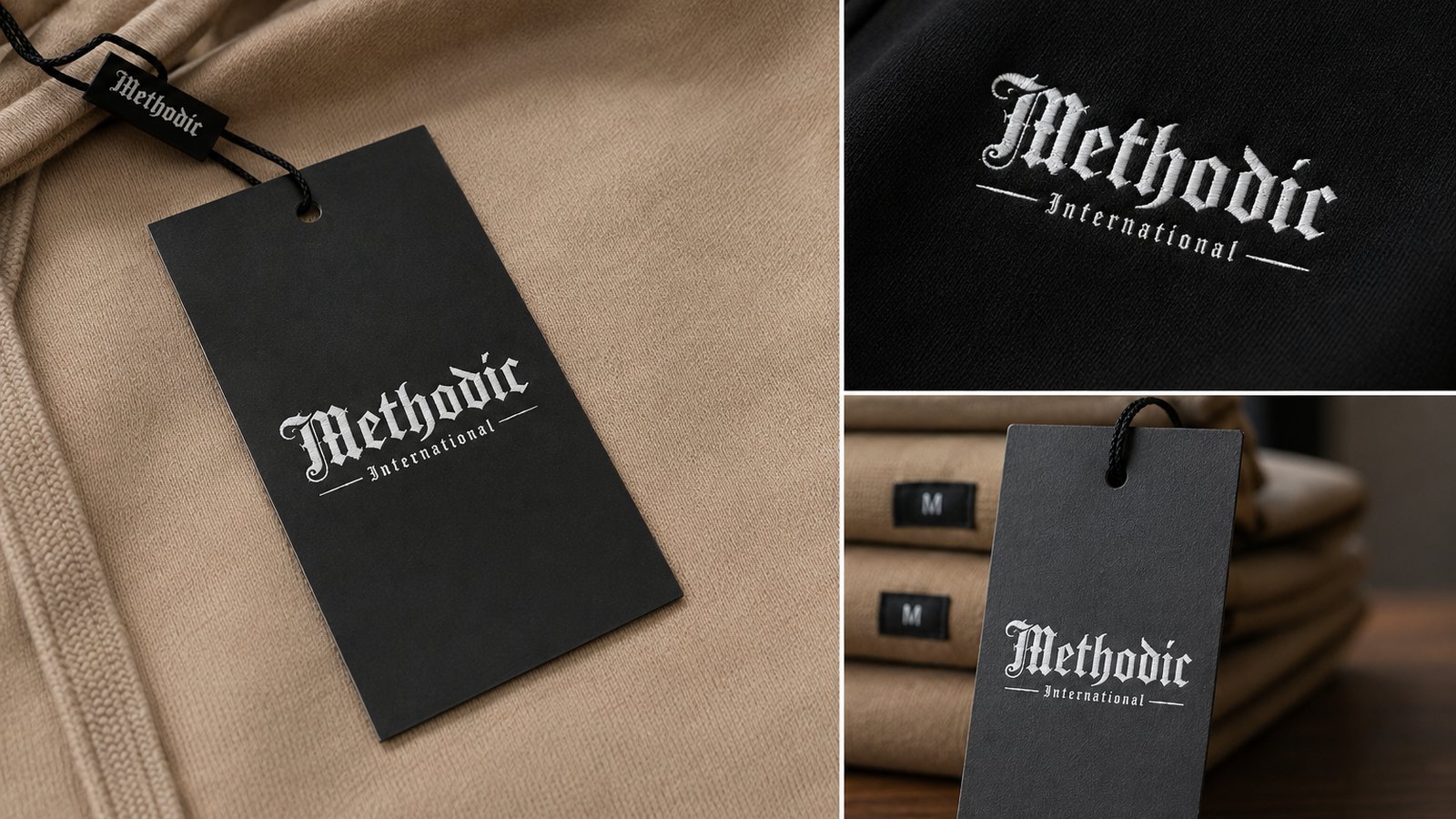 Private label branding detail: custom woven hang tags and embroidered logo on a Methodic International garment