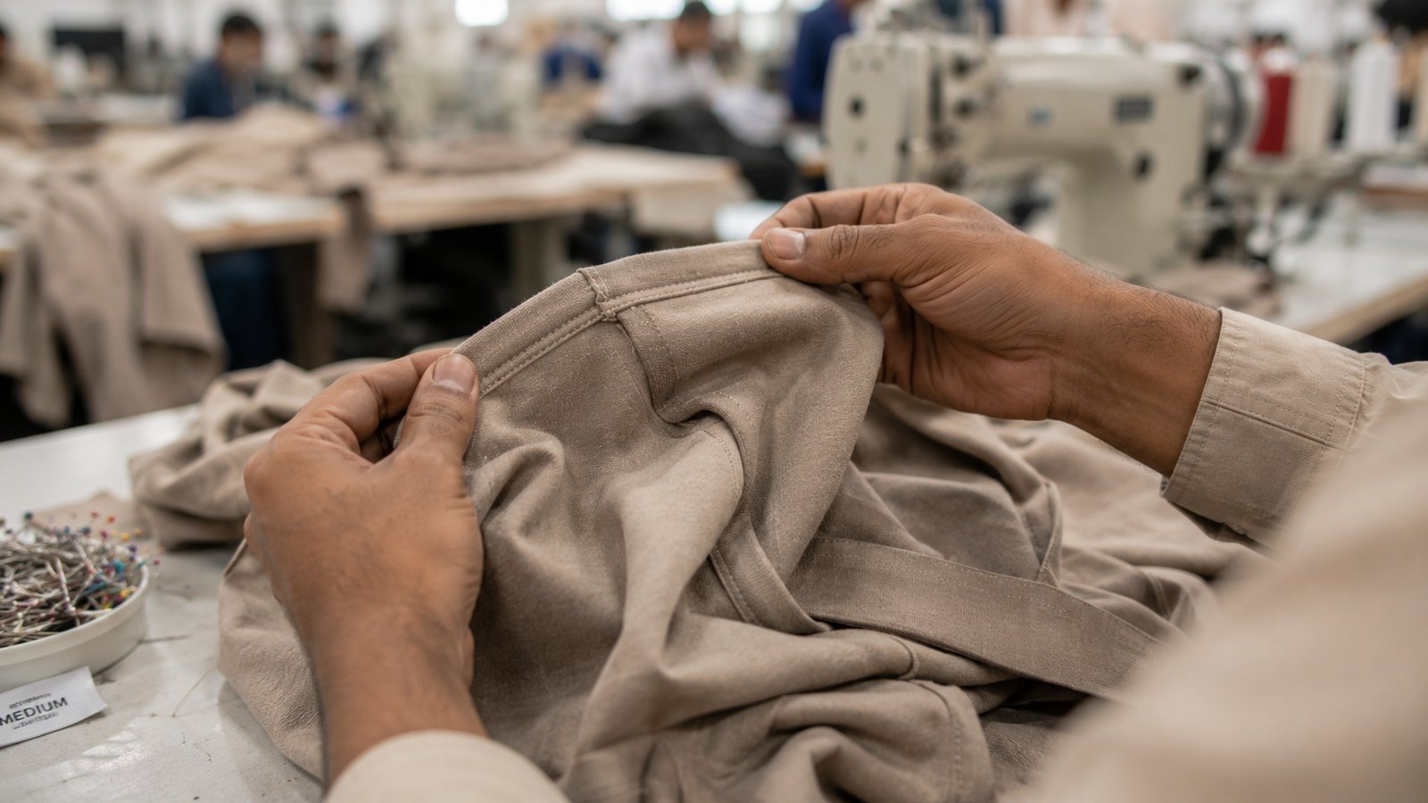 Inspecting a sample garment seam during the sampling and prototyping stage